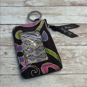 Vera Bradley Swirling Poppies Floral ID Wallet Keychain Wallet Brown, Pink Green